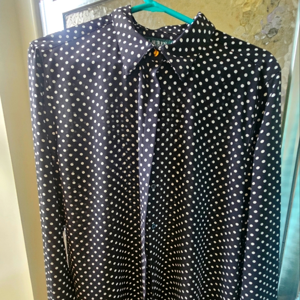 Women's Lauren Ralph Lauren Black White Polka Dot Button-Up Shirt Size XL